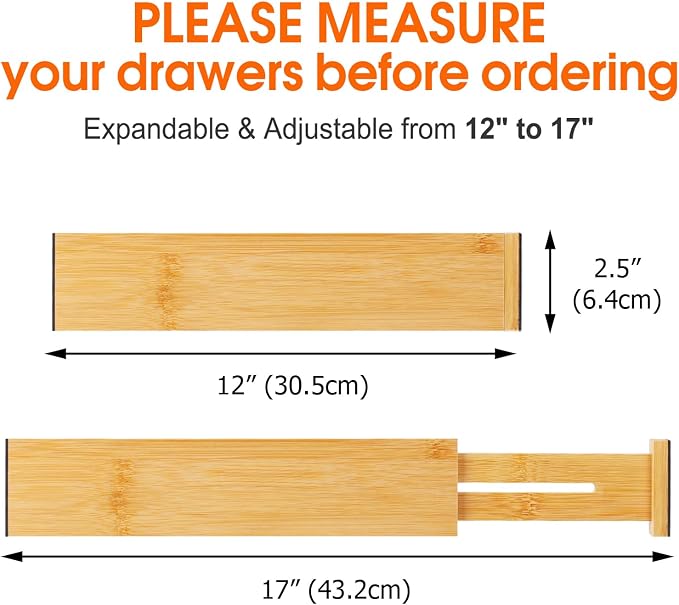 Bamboo Drawer Dividers Organizers, Kitchen Drawer Organizer, Adjustable Drawer Divider for Clothes, Kitchen, Dresser, Bedroom, Bathroom and Office, 4-Pack (Natural, 12-17 IN) - Image 3