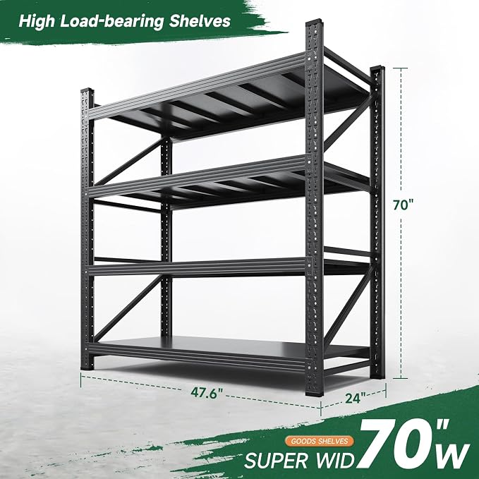 Letaya 3000LBS Storage Shelves Heavy Duty,70" H Garage Shelving Units, 4 Tier Adjustable Utility Rack Shelf,Large Metal Industrial Shelves,for Shop,Warehouse,Basement,Black (48" W x 24" D x 70" H) - Image 2