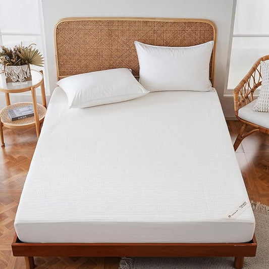 YOUR MOON Natural Wool Mattress Pad King – 200GSM Organic Australian Wool Mattress Topper, Quilted Fitted Mattress Bed Cover with 16" Deep Pocket, Hypoallergenic Cotton Cover (White)