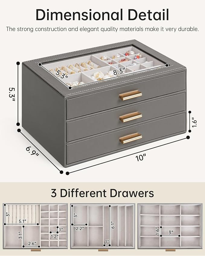 AKOZLIN Jewelry Box with Clear Lid Functional Leather Jewelry Storage Organizer Case 3 Drawers for Women Girls Necklace Ring Bracelet Earring - Image 4
