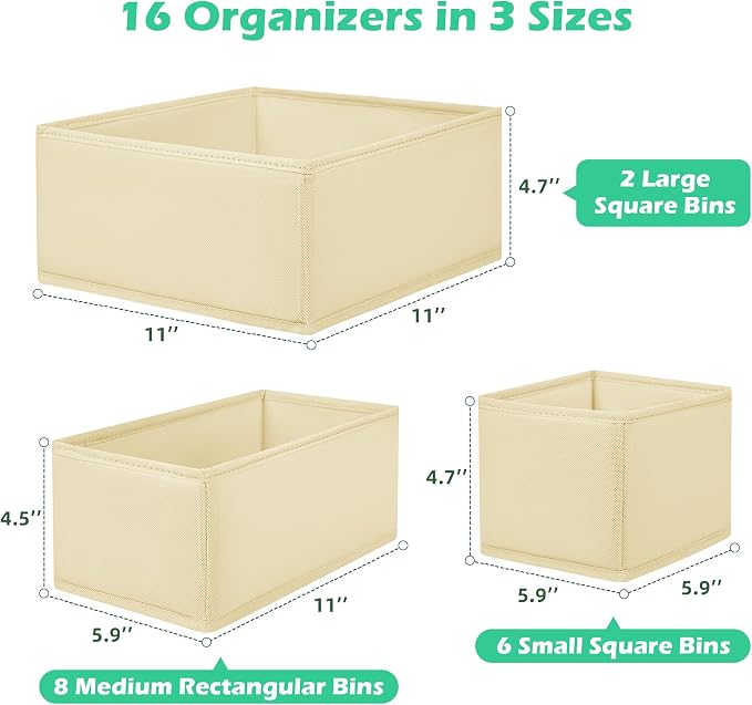 Drawer Clothing Organizer 16-Pack, Beige 3-Size Underwear Drawer Dividers, Fabric Folding Wardrobe Organizer for Baby Clothes, Bras, Underwear, Panties, Belts, Socks, Ties, etc. - Image 2