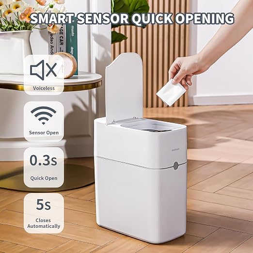 MOPUP Bathroom Trash Can, Automatic Bagging Garbage Can, 3.5 Gallon Slim Smart Small Plastic Trash Bin, Narrow Motion Sensor Trash Can for Bedroom, Office White - Image 3