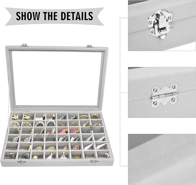 Siveit Velvet Jewelry Tray 48 Grid Jewelry Display Tray Organizer Box with Transparent Lid Rings Earrings Necklaces Pendants Display Box Suitable for Women and Girls (Grey) - Image 4