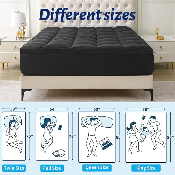 Thick Mattress Topper Full with Deep Pocket, Extra Pillow Top Mattress Pad, Breathable & Cooling Mattress Cover, Fits 8-21 Inch, Soft Support for Back Pain Relief, Mattress Protector (Full, Black)