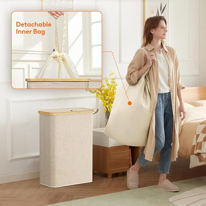 Lifewit 65L Slim Laundry Hamper with Lid, Narrow Laundry Basket with Removable Bag & Bamboo Handles, Fodable Thin Dirty Clothes Hamper for Laundry Collapsible Bin for Bathroom Bedroom Dorm, Beige - Image 4