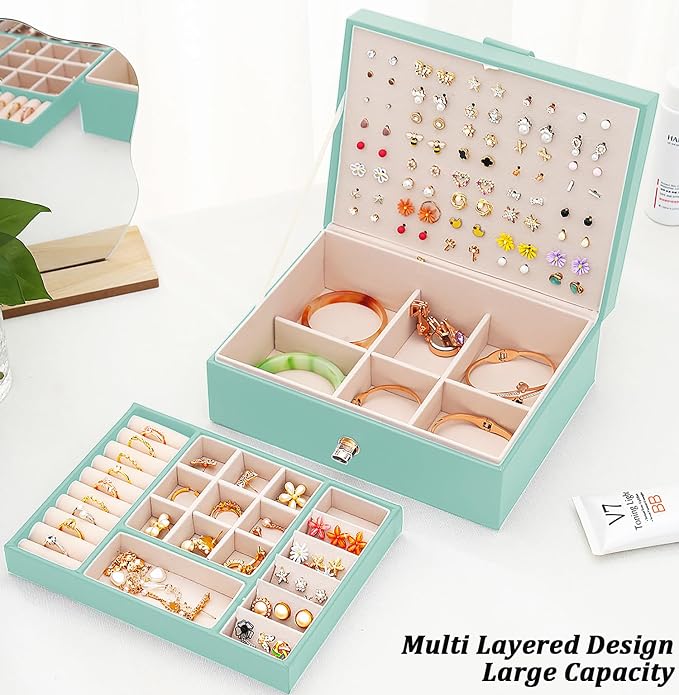 Earrings Jewelry Box for Girls, Large Capacity Jewelry Organizer with 40-Pair Earring Board, 2-Layer Leather Jewelry Storage Box for Necklaces Rings Bracelets with Removable Tray(Gift Idea),Turqueoise - Image 2