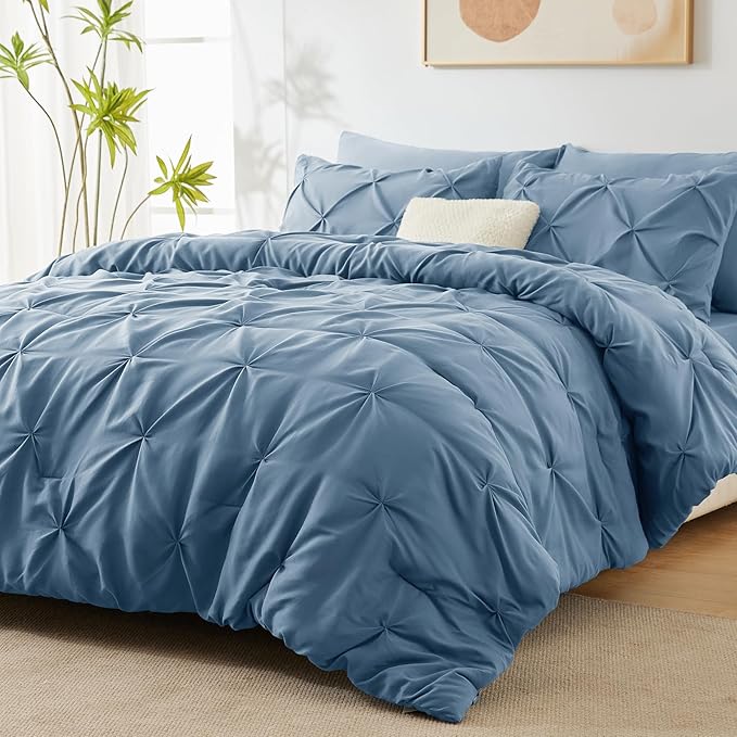CozyLux Queen Comforter Set Grayish Blue, 7 Pieces Pintuck Bed in A Bag, Premium Blue Comforter Queen Size, Pinch Pleat Bedding Sets with Comforter, Sheets, Pillowcases & Shams