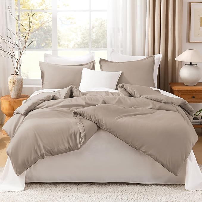 Litanika Light Coffee Comforter King Size, 3 Pieces Lightweight Solid Bedding Comforter Set, All Season Fluffy Bed Set