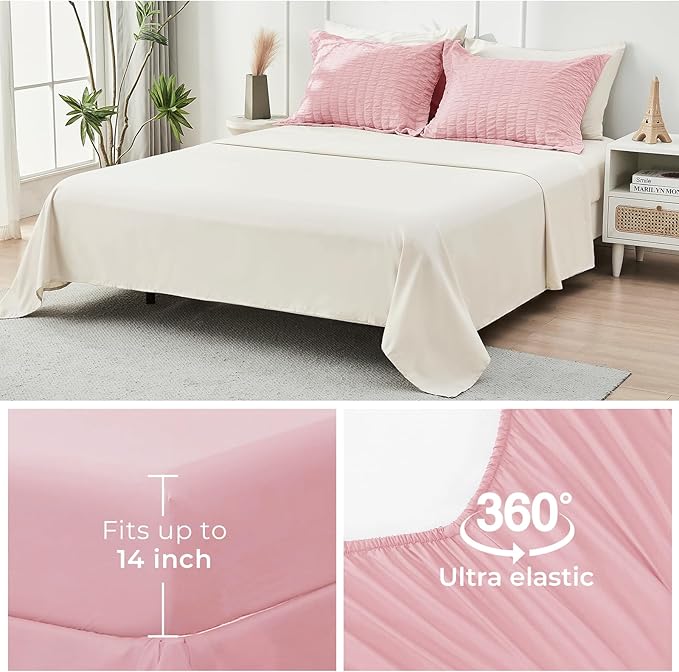 HYMOKEGE Pink/Ivory Twin Comforter Set Seersucker 5 Pieces, All Season Luxury Bed in a Bag for Bedroom, Bedding Set with Comforter, Sheets, Pillowcase & Sham
