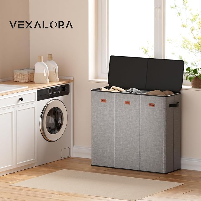 185L Laundry Hamper 3 Section, Laundry Hamper with Lid, Dirty Clothes Hamper with 3 Removable Washing Bags, Extra Large Laundry Basket Organizer for Bedroom, Laundry Room, Dorm - Gray - Image 2