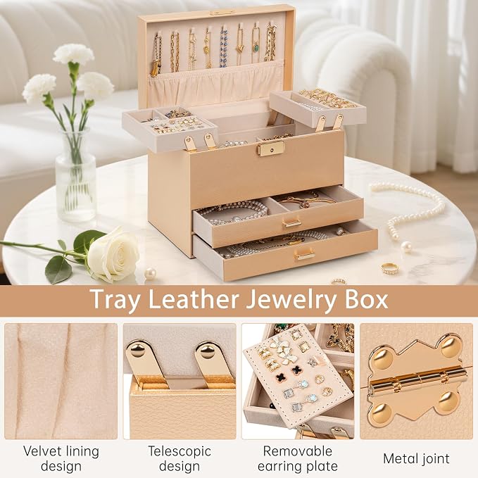 AKOZLIN Travel Jewelry Box Organizer Functional 2-trays Leather Jewelry Storage Case with Lockable Portable 2 Drawers for Women Girls Ring Necklace Earring Bracelet - Image 4