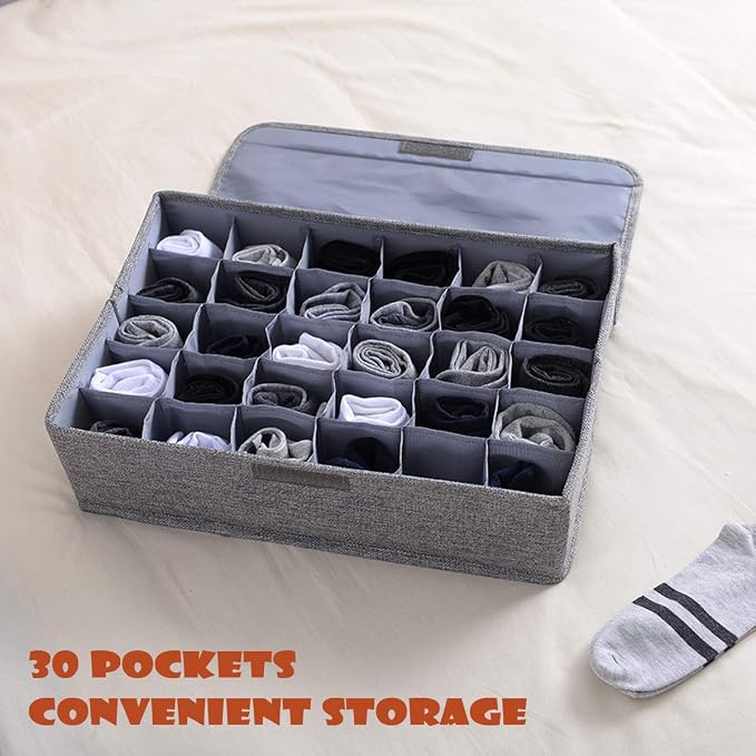 AARAINBOW 2 Packs Underwear Socks Ties Storage Organizer with Lids Foldable Closet Drawer Organizer 60 Cells, Fabric Wardrobe Divider Storage Boxes for Scarves and Lingerie (30 Cell, 2 Gray) - Image 8