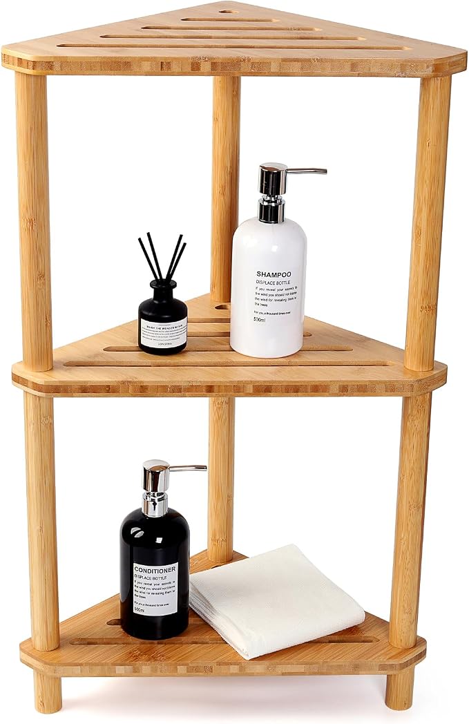 Bamboo Corner Shower Caddy Stand 3-Tier Waterproof,Free Standing Bathroom Corner Shelf Shower Stool Organizer for Inside Shower,Space-Saving Storage Shower Shelves with Anti-Slip Feet by Unknown