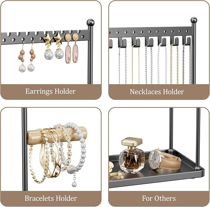 3 Tier Black Jewelry Stand, Necklace Organizer, Earring Holder with 44 Holes and 9 Hooks, for Necklaces, Bracelets, Rings - Image 3