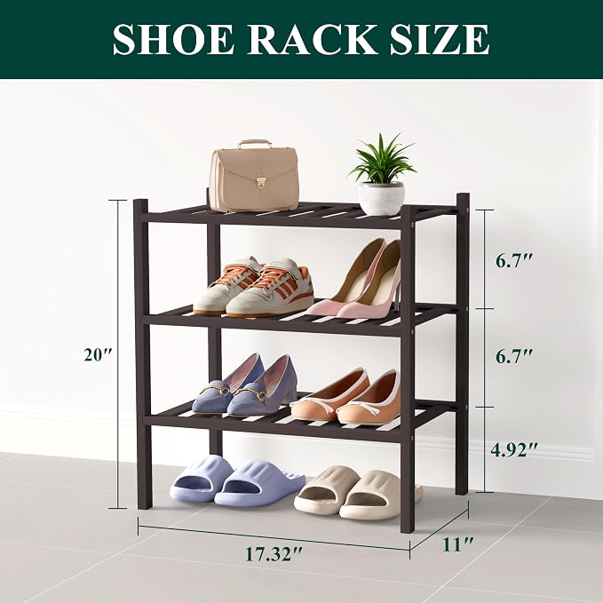 Smiry Bamboo Shoe Rack for Closet, 3 Tier Small Wooden Stackable Shoe Organizer, Free Standing Shoes Storage Shelf for Entryway, Front Door Entrance, Brown - Image 2
