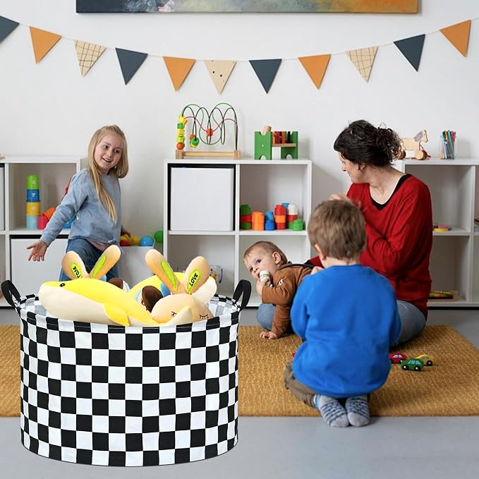 Checkered Storage Basket Extra Large 80L Kids Hamper Baby Laundry Basket Waterproof Toys Car Organizer Collapsible Canvas for Home/Dorm/Pet/Office/Closet/Shelf/Gift Baskets - Image 3