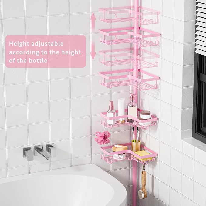 KEGII Shower Caddy Tension Pole, 4-Tier Rustproof Adjustable Corner Bathroom Organizer for Renters, 25–114.2 Inch No Drill Space-Saving Shower Storage Rack, Pink - Image 2