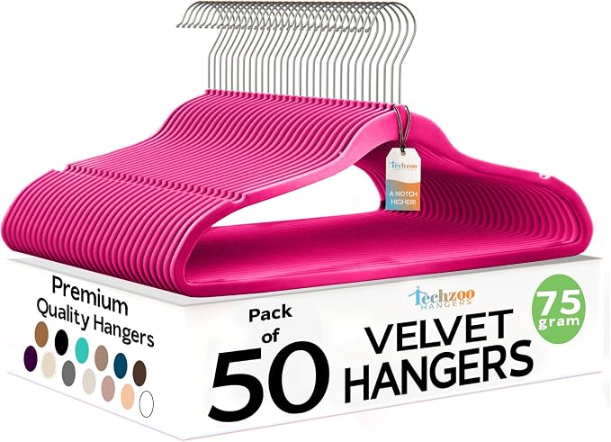 Techzoo Premium Velvet Hangers 50 Pack Ultra Thin Non Slip Adult Felt Space Saving Suit Hanger for Closet Heavy Duty Coat Pants Jackets Dress Hangers 360° Swivel Hook Hold Upto 10 lbs Dark Pink by TECHZOO