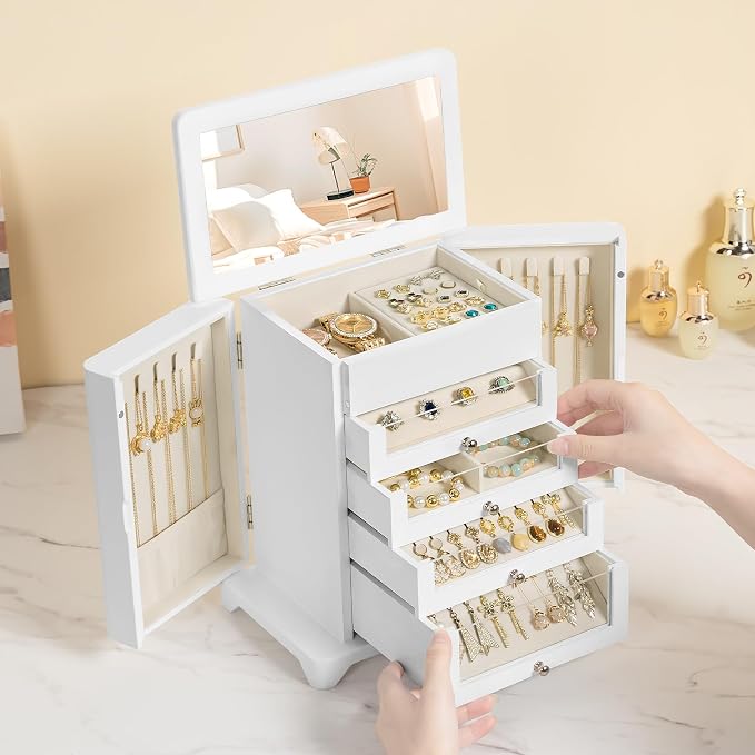 Large Jewelry Box & Organizer for Women, Wooden Jewelry Storage with 4 Transparent Drawers, Holds Necklaces, Rings, Bracelets, Earrings and Watches(White) - Image 2