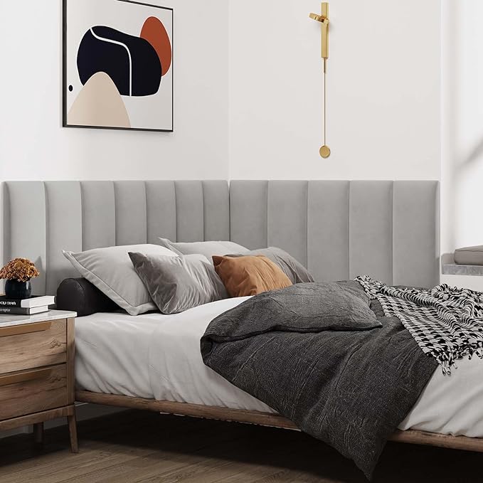 IFNOW Wall Mounted Upholstered Headboard King, 3D Peel and Stick Soundproof Panels, Reusable and Removable Padded Leather Bed Headboard, 12 Panels 9.84" x 23.62", Light Grey