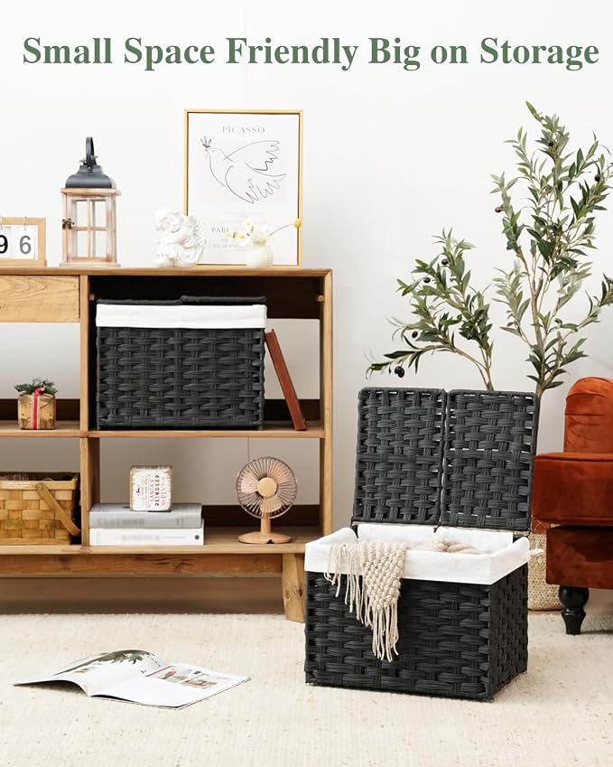 SETVSON Storage Basket with Lid Woven Wicker Baskets with 2 Separate Lid, 9.2 Gallon (35 L) Wicker Storage Bins with Handles, Foldable and 2 Removable Liner Bags for Bedroom, Laundry Room Black - Image 3