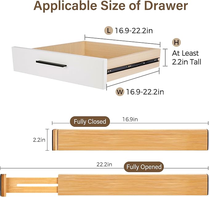 Bamboo Drawer Divider Set of 4, Adjustable Spring-Loaded Drawer Organizer (16.9"-22.2"), 2.3" Height, Suitable for Kitchen, Desk, Bathroom, Clothing, and Miscellaneous Drawer Organization, Natural - Image 2