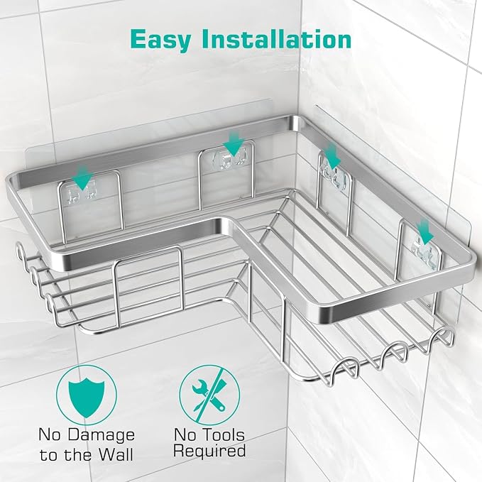 YASONIC Corner Adhesive Shower Caddy, with Soap Holder and 12 Hooks, Rustproof Stainless Steel Bathroom Organizer, No Drilling Wall Mounted Rack, Brushed Silver, 3-Pack - Image 5