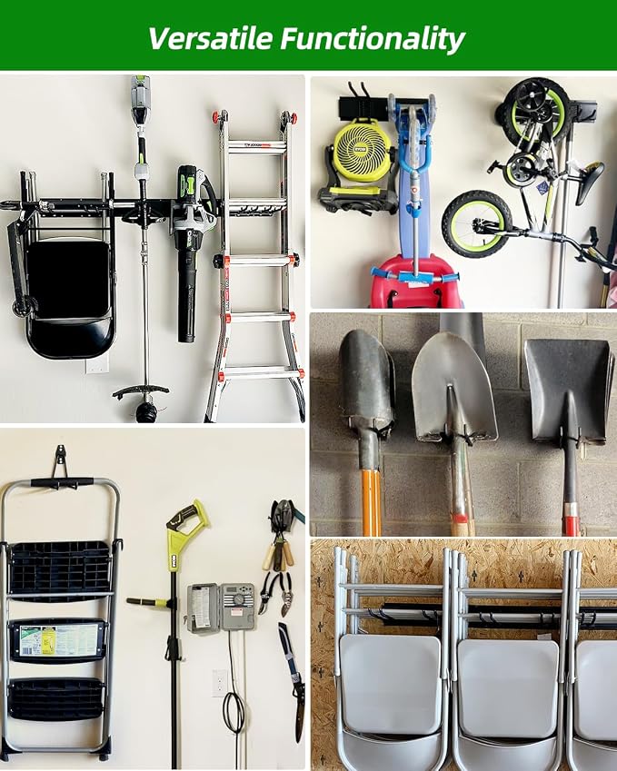 PIYILO Garden Tool Organizer 48 in with 18 Garage Hooks, Heavy Duty Garage Wall Hooks for Hanging Ladder, Bike, Tool Storage Rack for Yard Tools, Shovel, Shed (23 Pack) - Image 8