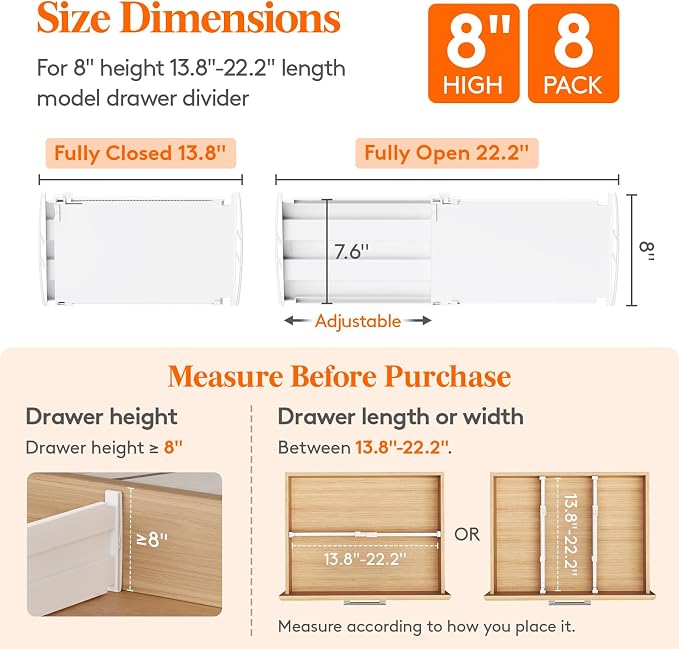 Lifewit 8" Tall 8 Pack Drawer Dividers, 35-56.5cm/13.8-22.2" Expandable Drawer Divider for Clothes, Adjustable Dresser Drawer Organizers, Drawers Separators for Dresser/Bathroom/Closet/Kitchen White - Image 3