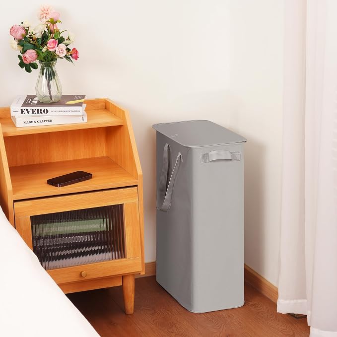 efluky Slim Laundry Basket with Lid, Narrow Laundry Hamper with Handles, Collapsible Dirty Clothes Hamper, Tall Laundry Bin for Laundry Room, Dorm and Bedroom, 55L Grey - Image 5