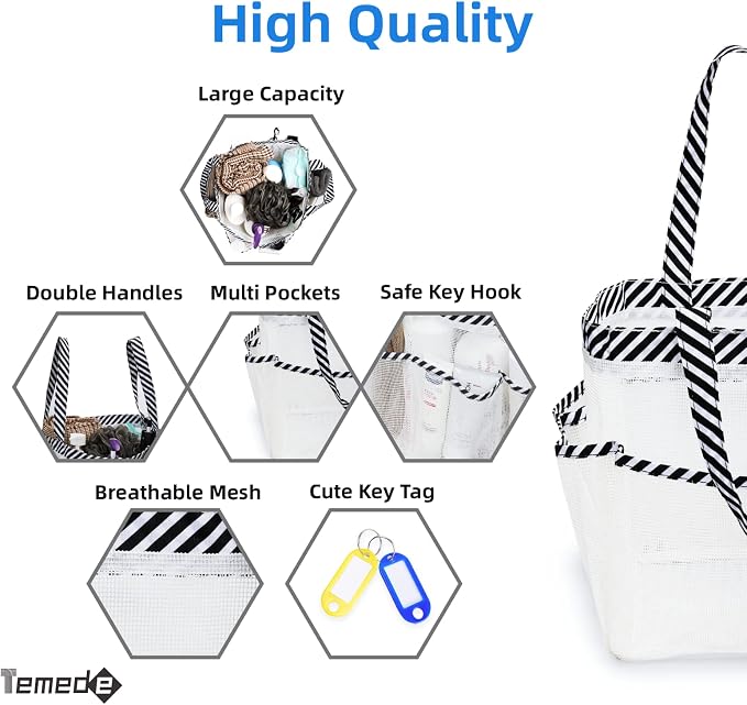 Temede Mesh Shower Caddy Portable for College Dorm Room Essentials, Large Capacity Shower Caddy Basket with 8 Pockets, Quick Dry Shower Tote Bag for Beach, Gym, Bathroom, Camp, Travel-White - Image 3