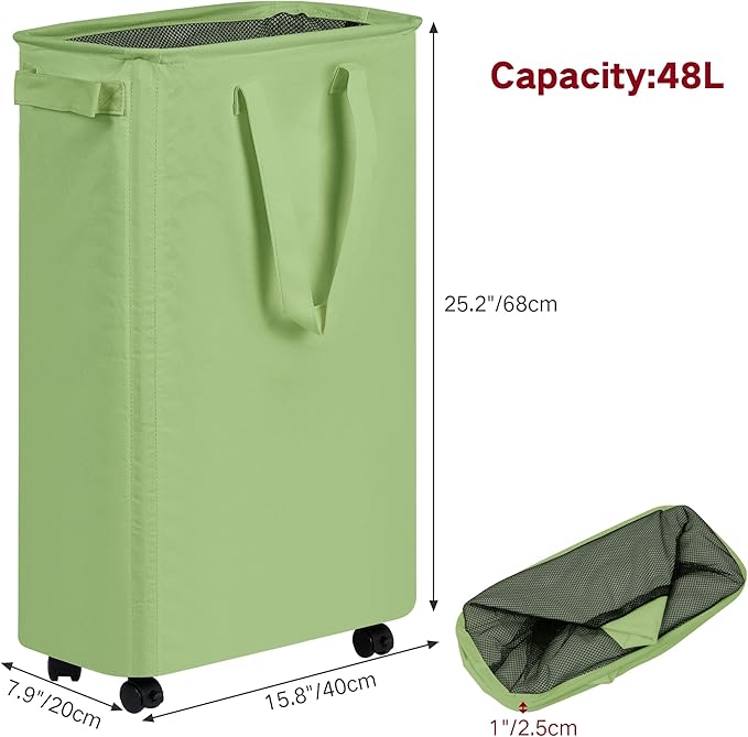 efluky Slim Laundry Hamper with Wheels, Rolling Laundry Basket for Clothes, Small Laundry Basket for Bedroom, Dorm and Laundry Room, 60L (12.7 Gallons) Green - Image 2