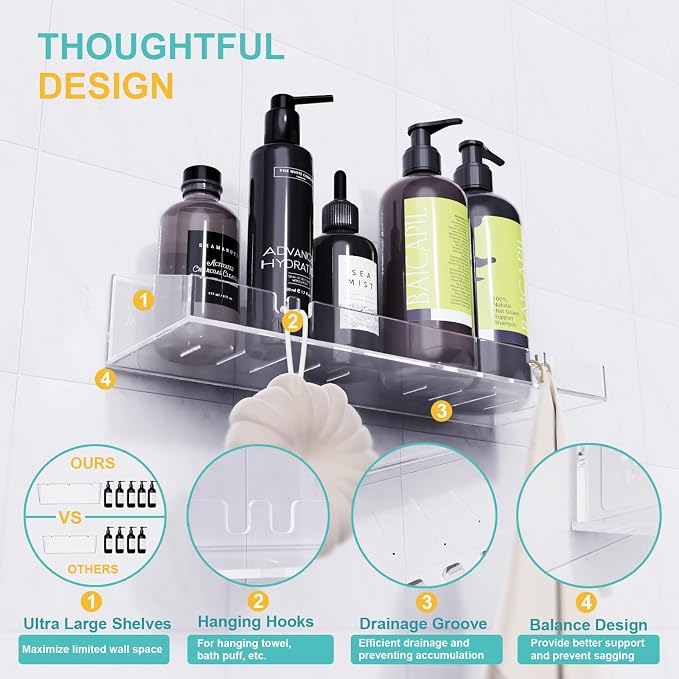 Bakzon Adhesive Shower Caddy, 5 Pack Acrylic Shower Shelves Bath Organizers With Large Capacity, No Drilling Shelves for Bathroom Storage - Image 3