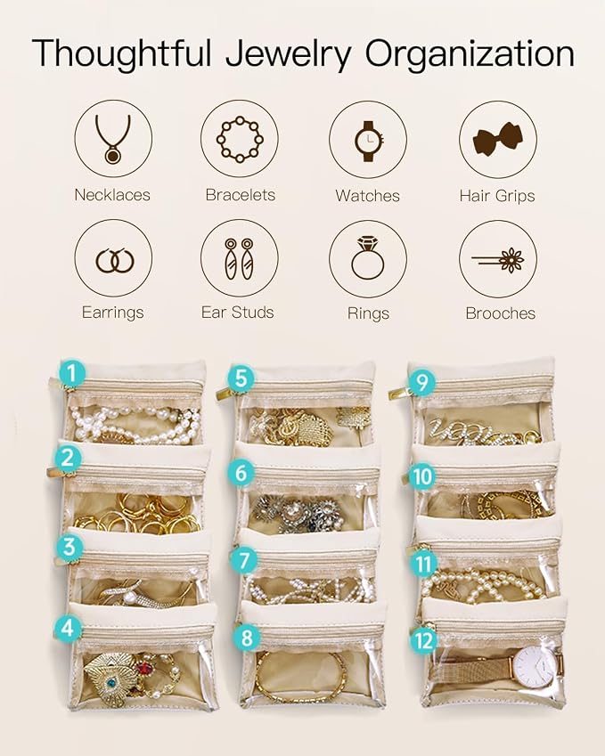VLANDO Jewelry Travel Case,Travel Jewelry Organizer with Clear Velvet Jewelry Bags 12Pcs Zipper Pouch for Women Girl Gift-Green - Image 8