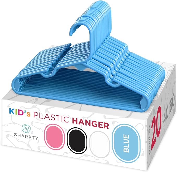 Sharpty Kids Plastic Hangers, Children's Hangers for Baby, Toddler, and Child Clothes - Everyday Standard Use - Ideal for Boys and Girls Closet, Clothing, Pants, Coats, and More - Blue, 20 Pack by Sharpty