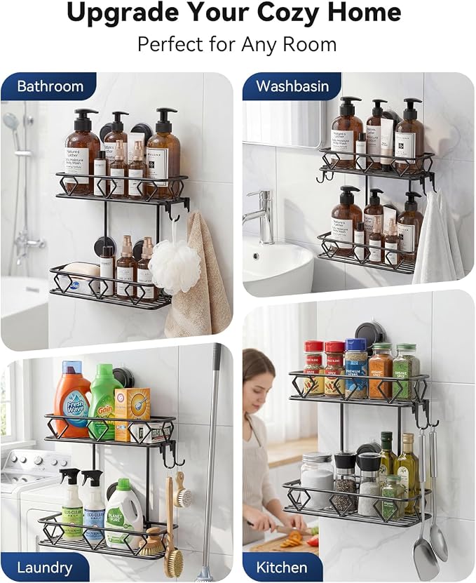 JOTPE Shower Caddy Suction Cup, No Drilling Shower Shelves Hold Up to 40 lbs, Large Capacity Double Layer Bathroom Organizer and Storage with Hooks, Rustproof & Removable Bathroom Shelf, Black - Image 5