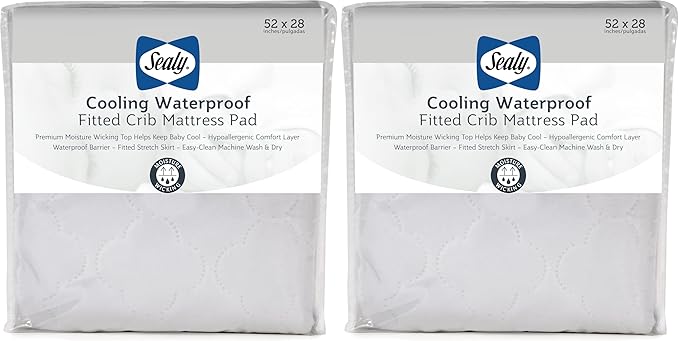 Sealy Baby Cooling Moisture Wicking Fitted Waterproof Infant Crib Mattress Protector Pad and Toddler Bed Cover, Durable and Comfortable Topper, Machine Washable & Dryer Friendly, 52” x 28”- White