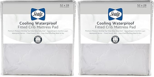 Sealy Baby Cooling Moisture Wicking Fitted Waterproof Infant Crib Mattress Protector Pad and Toddler Bed Cover, Durable and Comfortable Topper, Machine Washable & Dryer Friendly, 52” x 28”- White