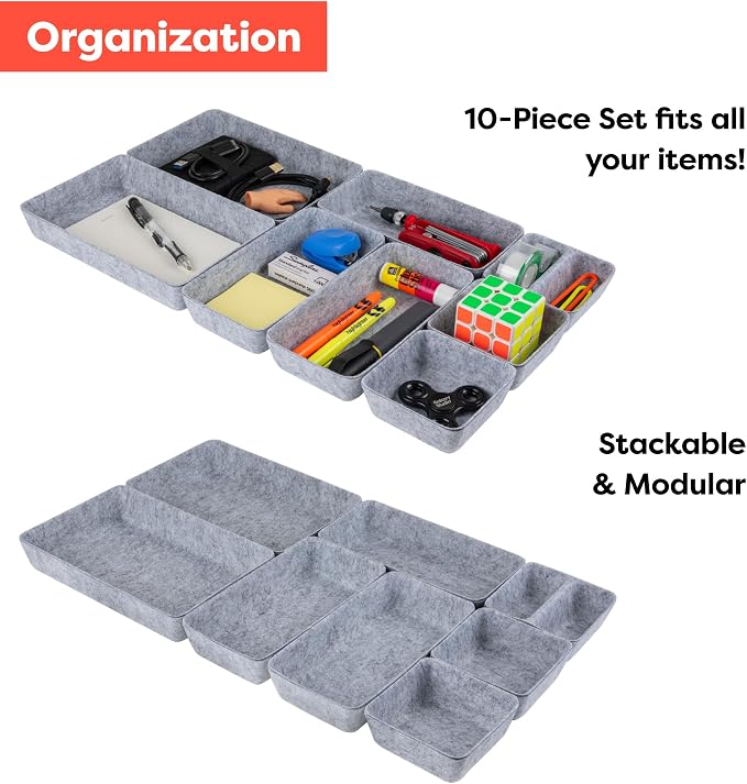 Rajas Goods Drawer Organizer Compatible with Ikea Alex Drawer Unit, 10-Piece Modular Felt Tray Organizer Set, Perfect Fit (Light) - Image 3