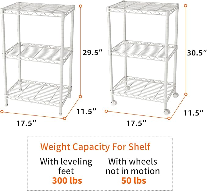 SINGAYE 3 Small Shelves Storage Shelf Wire Shelving Unit Metal Shelf Adjustable Organizers Storage Shelving with Wheels for Bathroom Laundry Room Kitchen Pantry11.5”D x 17.5”W x 30.5”H White - Image 3