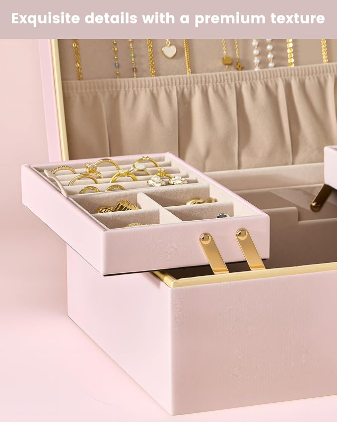 Lolalet Jewelry Box Organizer for Women Girls, 2 Layer Jewelry Organizers and Storage for Necklace Earrings Rings Bracelets, Large Jewellery Holder Case Birthday Mothers Day Gifts -Pink - Image 6