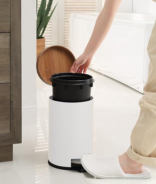 SunnyPoint Elite Bamboo Lid 4.5 Liter (1.2 Gallon) Round Trash Can with Plastic Inner Bucket; Bathroom, Office, Kitchen and Bedroom Step On and Slow Close (White) - Image 3