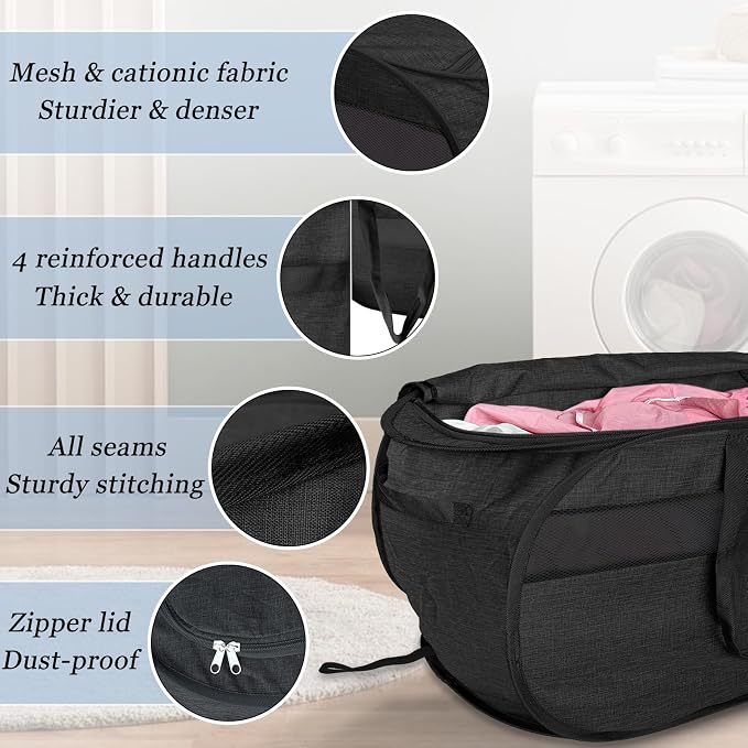 Upgraded 100L Extra Large Mesh Pop Up Laundry Hamper with Lid & Handles, XL Foldable Dirty Clothes Basket for Home Dorm Closet Storage, Portable Laundry Bin, Black. H - Image 5