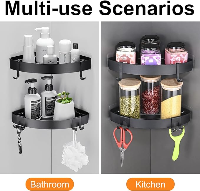 DUFU Adhesive Corner Shower Caddy with Hooks,Bathroom Shower Organizer, No Drilling Rust Proof Aluminum Shower Shelf for Inside Shower 2 Pack (Black) - Image 5
