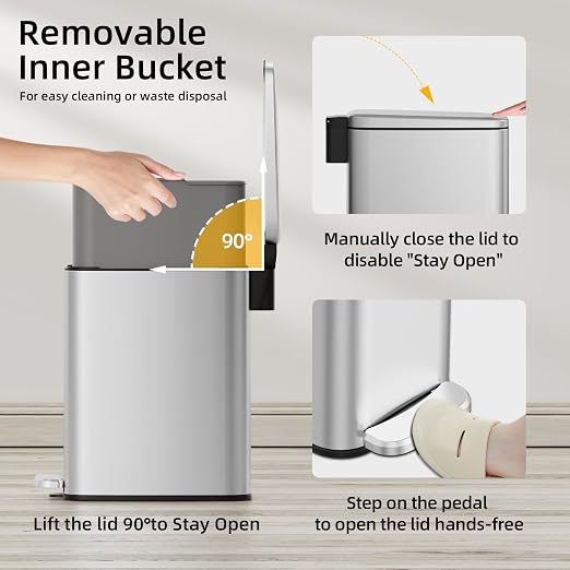 KUK Slim Bathroom Trash Can with Lid, 1.6 Gal / 6L Stainless Steel Small Garbage Bin with Detachable Inner Bucket, Step Pedal, Silent Close, Wastebasket for Toilet, Bedroom, Home, Office (Silver) - Image 5