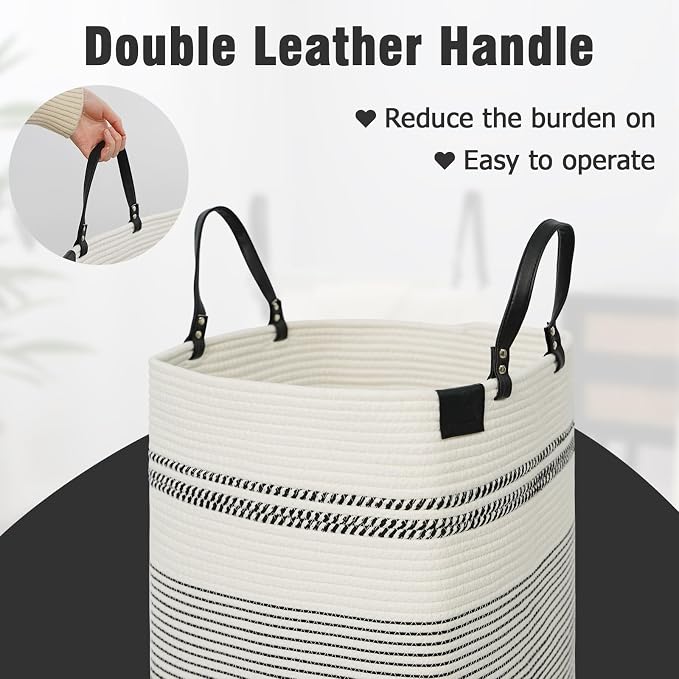 danpinera 75L Woven Laundry Hamper with Long Leather Handles, Baby Laundry Basket for Nursery, Tall Hampers for Bedroom Aesthetic, Decorative Clothes Storage Basket for Family White & Black - Image 5