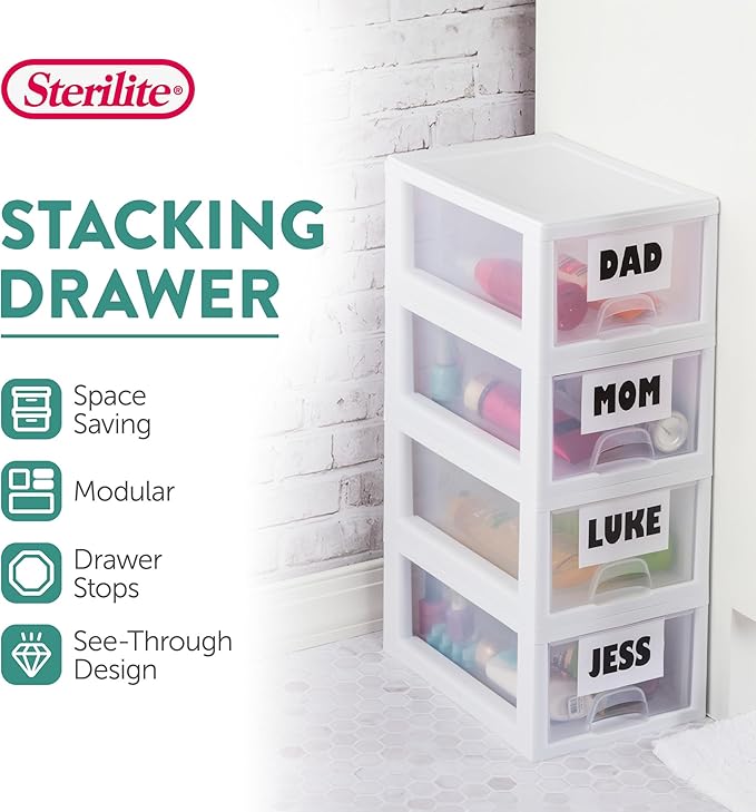 Sterilite 6-Pack 6 Quart Stacking Drawer, Clear Storage Closet Organizer, White Frame - Stackable Modular Plastic Drawers for Clothes, Accessories, Craft Supplies, Shoes or Linens - Image 4