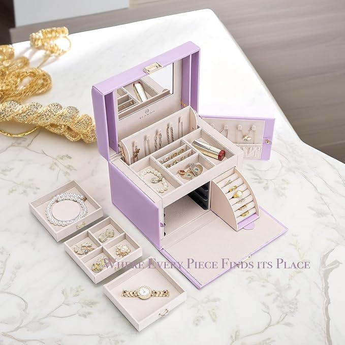 Vlando Mirrored Jewelry Box Organizer, Leather Jewelry Storage Case, Necklaces Earrings Rings Brackets Box Holder, Purple - Image 2