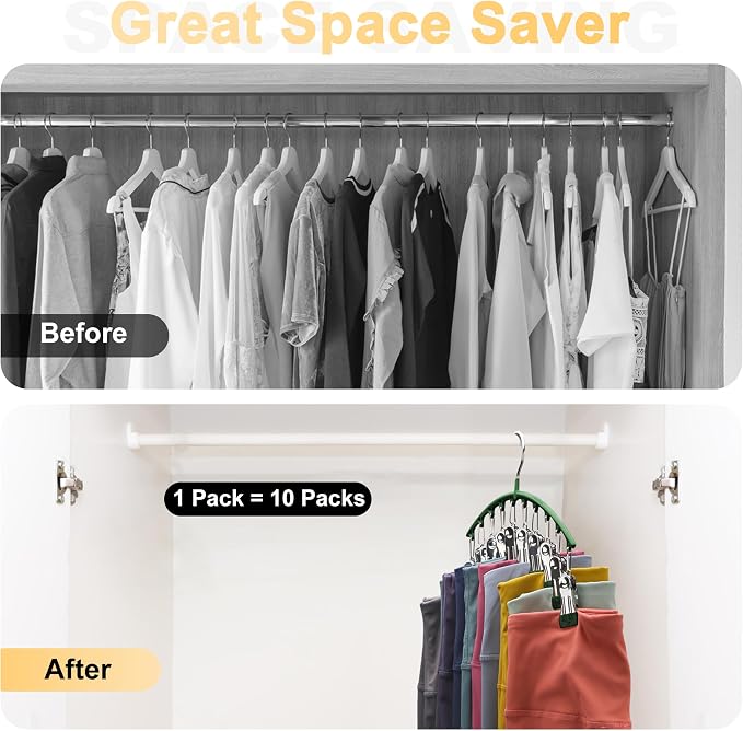 Legging Organizer for Closet, Metal Yoga Pants Hangers 1 Pack w/10 Clips Holds 10 Leggings, Space Saving Hanging w/Rubber Coated Closet Organizers and Storage, Green - Image 3