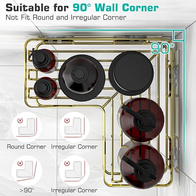YASONIC Corner Shower Caddy, 3-Pack Adhesive Bathroom Caddy with Soap Holder and 12 Hooks, Rustproof Stainless Steel Shower Organizer, No Drilling Wall Mounted Shower Rack, for Bathroom, Gold - Image 7